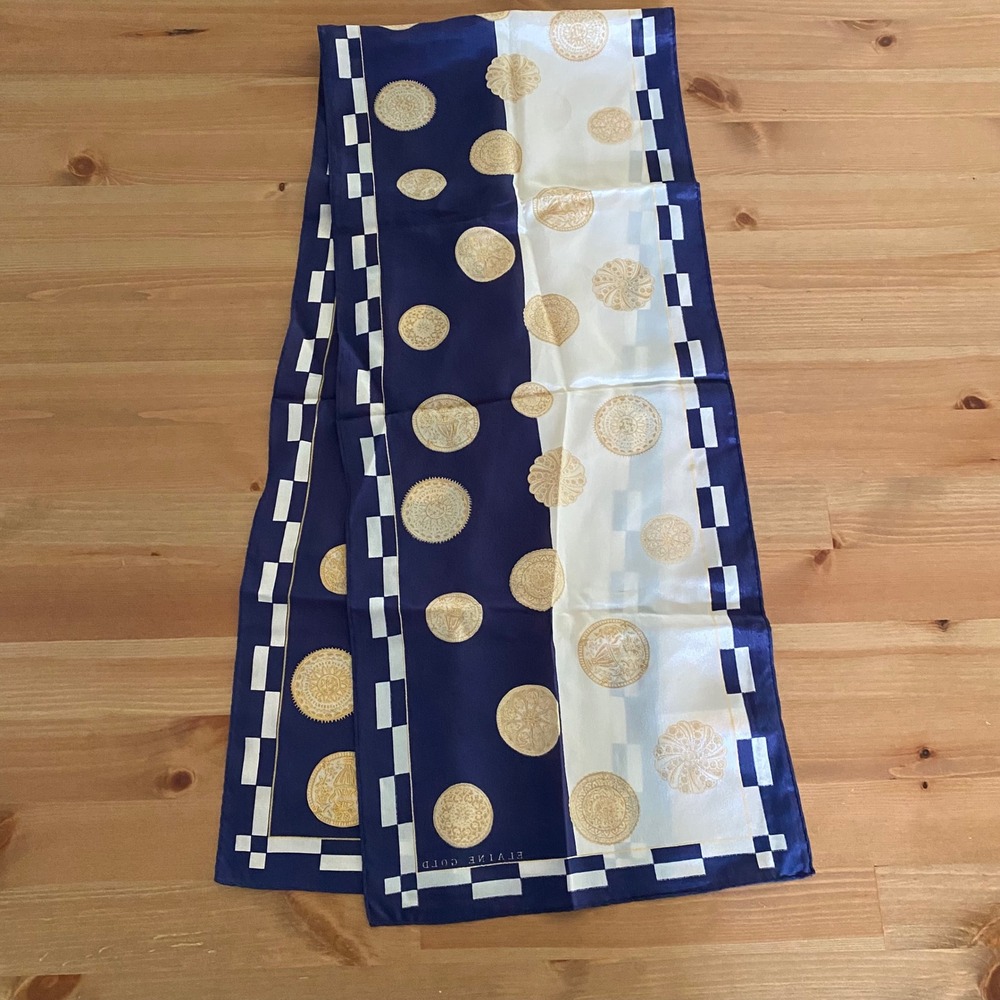 VTG Elaine Gold for Collection XIIX Ltd Navy White Gold Medallion Silk Scarf
